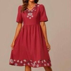 Ivy City Co. Maroon V-Neck Embroidered Bow Waist Tie Heidi Dress Women's Small